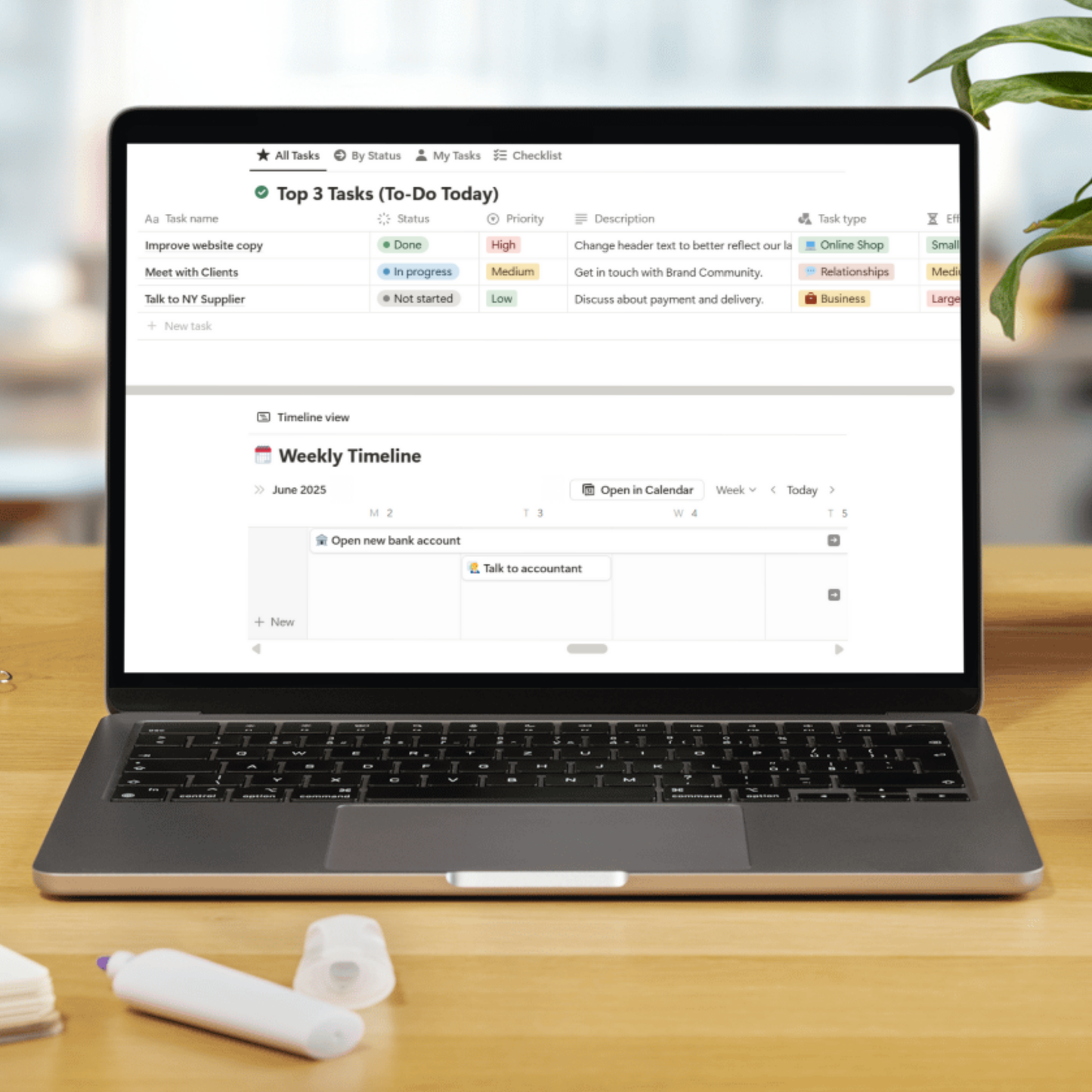 Notion Template Mockup in PC on Desk - Top 3 Task & Weekly Timeline Page