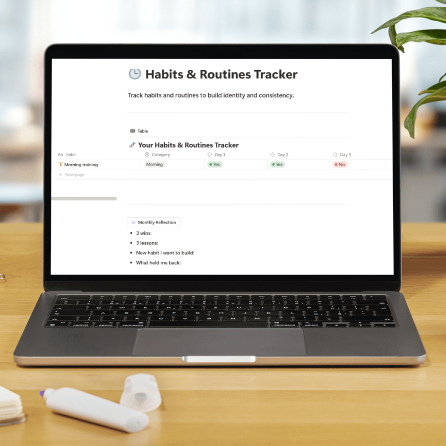 Notion Template Mockup in PC on Desk - Habits & Routines Tracker Page