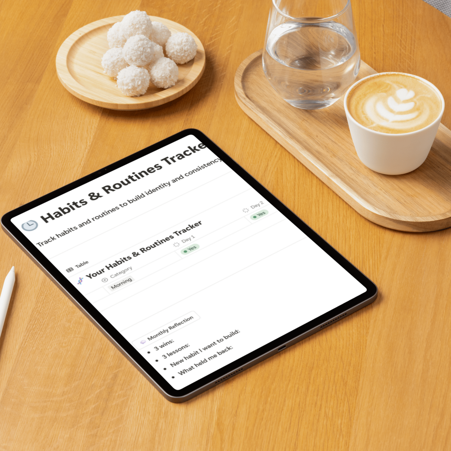 Tablet with Clarity OS mockup on a table with breakfast