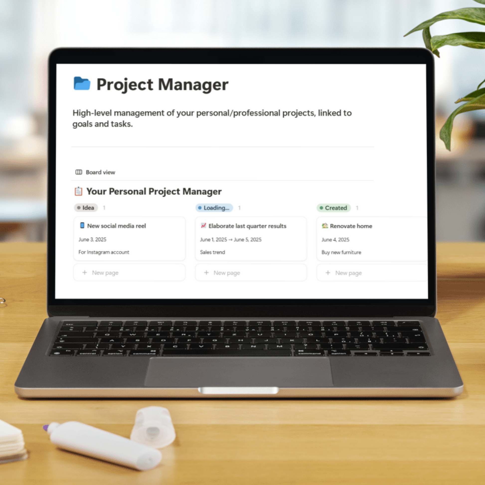 Notion Template Mockup in PC on Desk - Project Manager Page