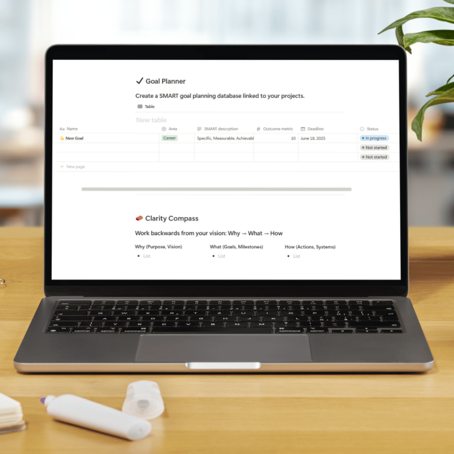 Notion Template Mockup in PC on Desk - Goal Planner & Clarity Compas Page