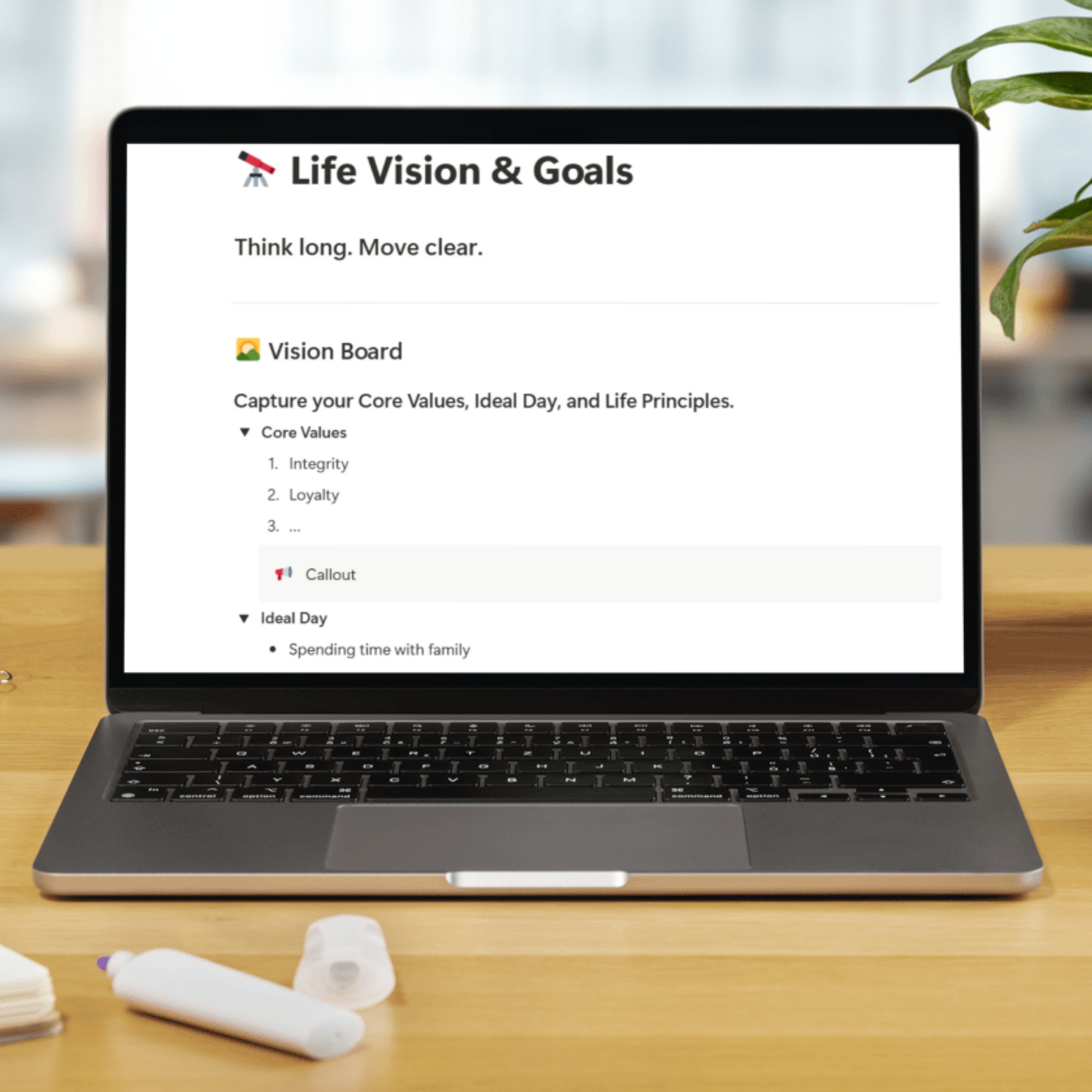 Notion Template Mockup in PC on Desk - Top 3 Task & Weekly Timeline Page