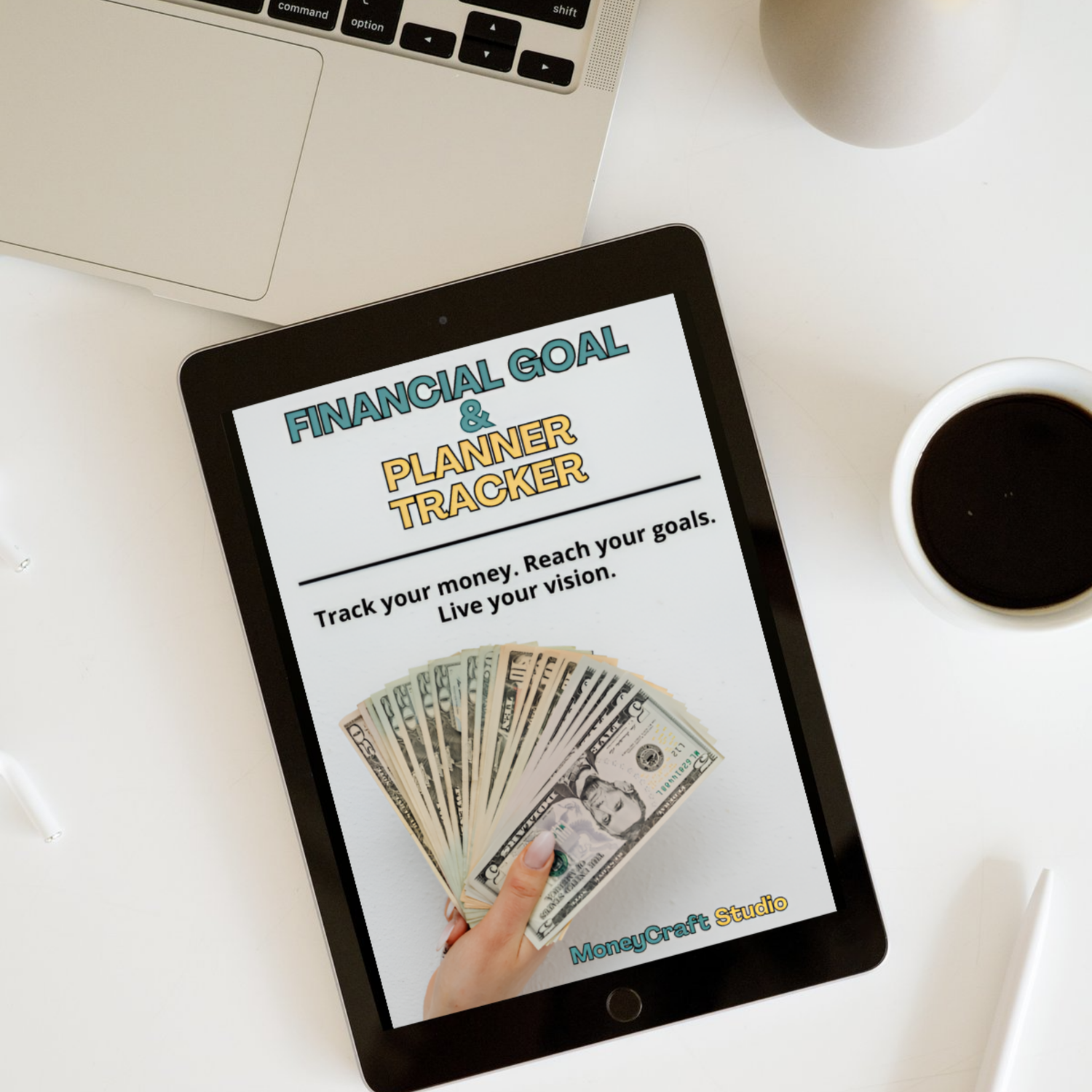 Mockup Image Financial Goal & Planner Tracker Tablet View Upon Home Desk with PC and Coffee